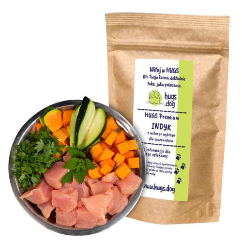 INDYK z wolnego wybiegu, z pietruszką, papają, pokrzywą – HUGS Premium 100g na próbę