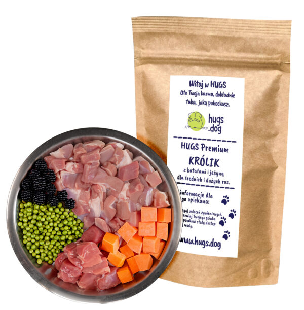 KARMA KRÓLIK Z BATATAMI I JEŻYNĄ – HUGS Premium 100g na próbę